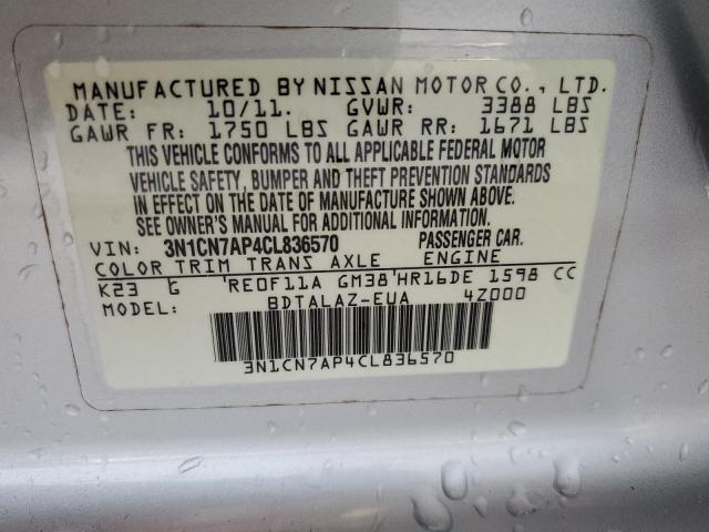 Photo 10 from auction – 2012 NISSAN VERSA S with VIN 3N1CN7AP4CL836570