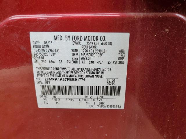 Photo 10 from auction – 2015 FORD EDGE TITAN with VIN 2FMPK4K87FBB91776