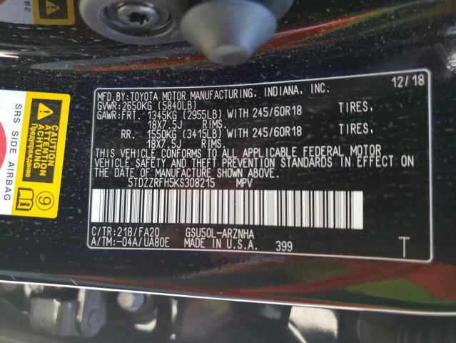 Photo 10 from auction – 2019 TOYOTA HIGHLANDER with VIN 5TDZZRFH5KS308215