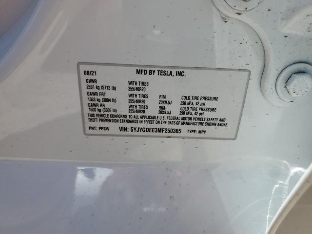 Photo 10 from auction – 2021 TESLA MODEL Y with VIN 5YJYGDEE3MF250365