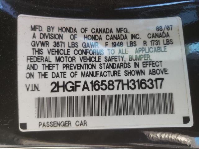 Photo 10 from auction – 2007 HONDA CIVIC LX with VIN 2HGFA16587H316317
