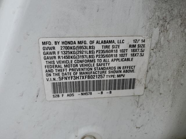 Photo 10 from auction – 2015 HONDA PILOT EXLN with VIN 5FNYF3H7XFB021257