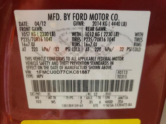Photo 10 from auction – 2012 FORD ESCAPE XLT with VIN 1FMCU0D77CKC81887