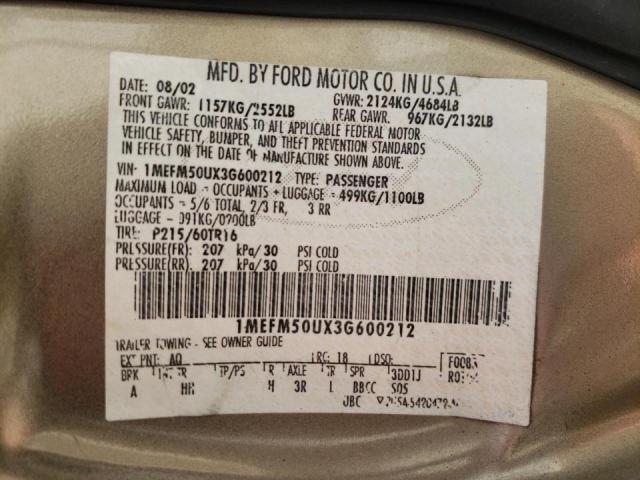 Photo 10 from auction – 2003 MERCURY SABLE GS with VIN 1MEFM50UX3G600212