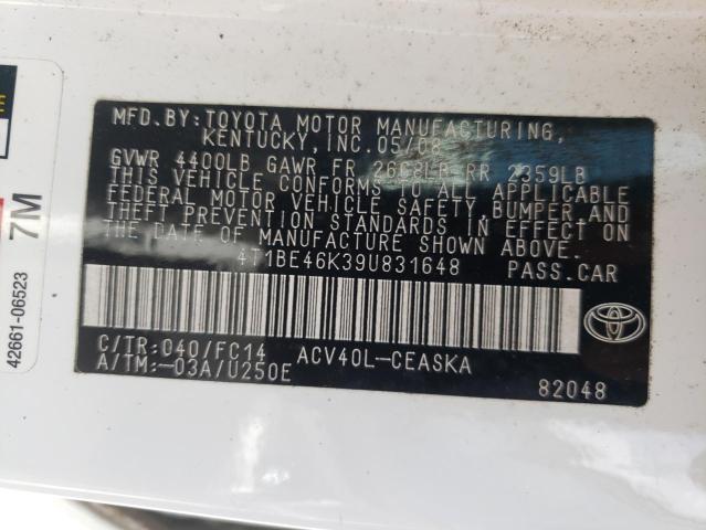 Photo 10 from auction – 2009 TOYOTA CAMRY BASE with VIN 4T1BE46K39U831648