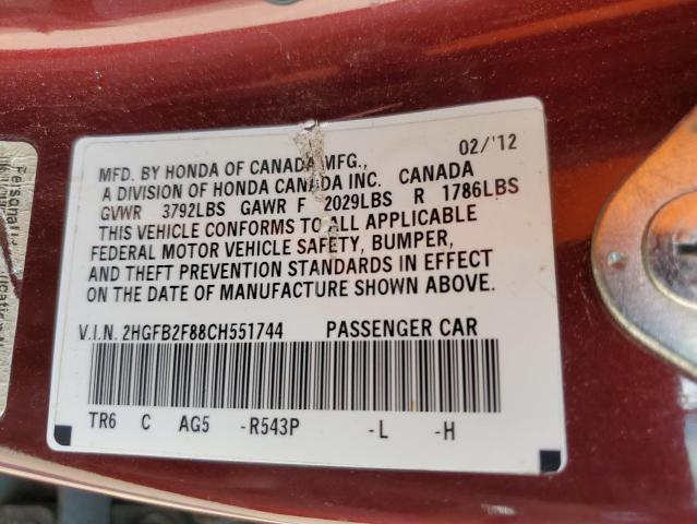 Photo 10 from auction – 2012 HONDA CIVIC EX with VIN 2HGFB2F88CH551744