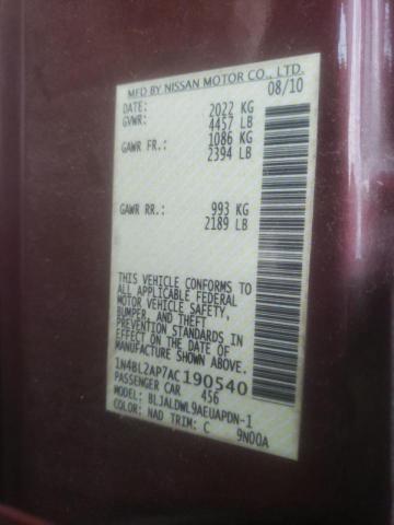 Photo 10 from auction – 2010 NISSAN ALTIMA SR with VIN 1N4BL2AP7AC190540