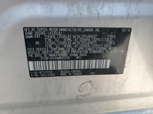 Photo 10 from auction – 2010 TOYOTA RAV4 with VIN 2T3BF4DV4AW045749