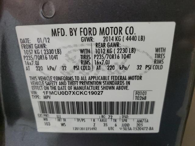 Photo 10 from auction – 2012 FORD ESCAPE XLT with VIN 1FMCU0D7XCKC19027