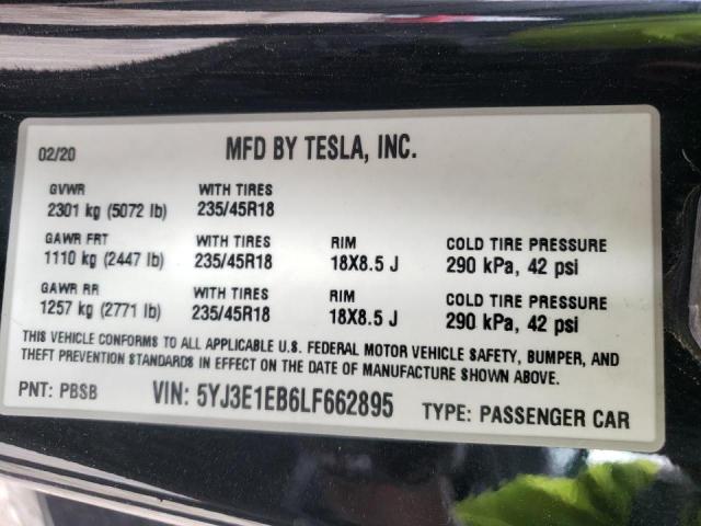 Photo 10 from auction – 2020 TESLA MODEL 3 with VIN 5YJ3E1EB6LF662895