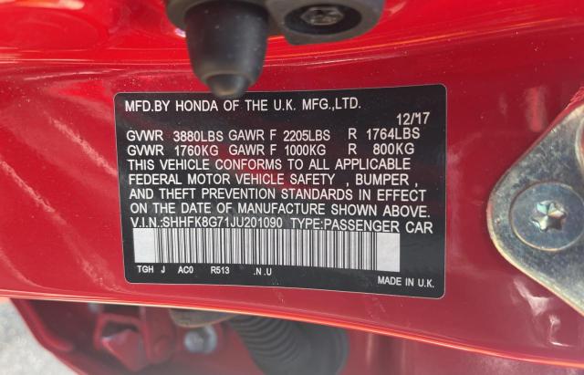 Photo 10 from auction – 2018 HONDA CIVIC TYPE with VIN SHHFK8G71JU201090