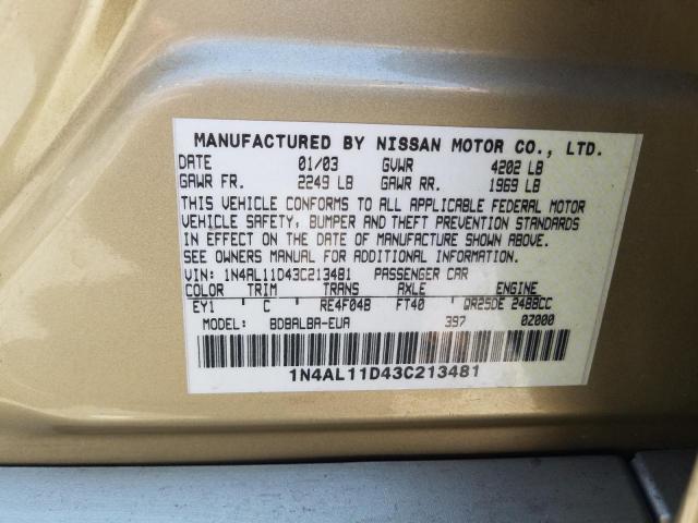 Photo 10 from auction – 2003 NISSAN ALTIMA S/L with VIN 1N4AL11D43C213481