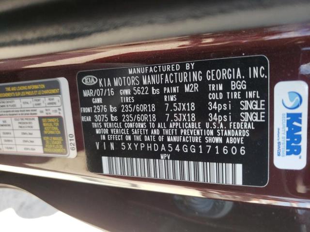 Photo 10 from auction – 2016 KIA SORENTO EX with VIN 5XYPHDA54GG171606