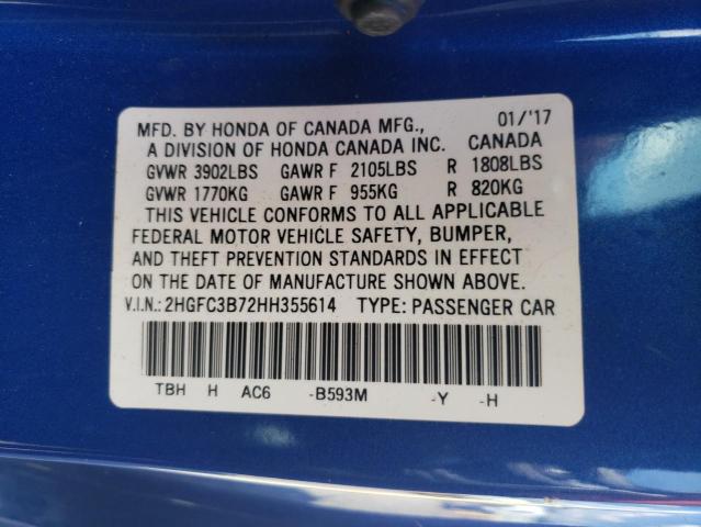 Photo 10 from auction – 2017 HONDA CIVIC EXL with VIN 2HGFC3B72HH355614