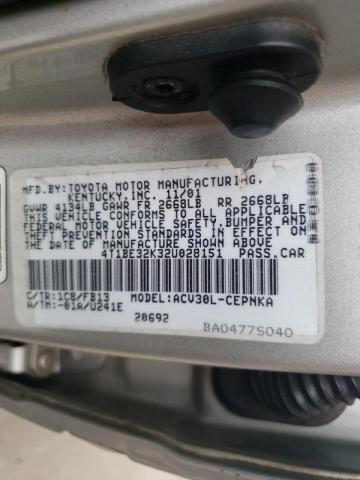 Photo 10 from auction – 2002 TOYOTA CAMRY LE with VIN 4T1BE32K32U028151