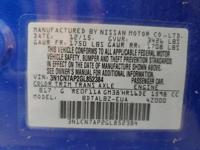 Photo 10 from auction – 2016 NISSAN VERSA S with VIN 3N1CN7AP2GL852384