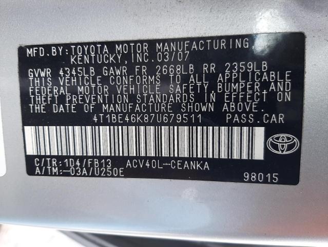 Photo 10 from auction – 2007 TOYOTA CAMRY CE with VIN 4T1BE46K87U679511