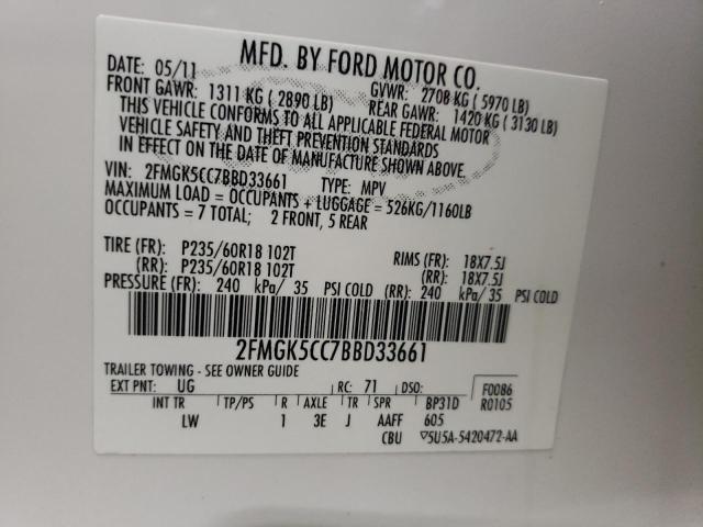 Photo 10 from auction – 2011 FORD FLEX SEL with VIN 2FMGK5CC7BBD33661
