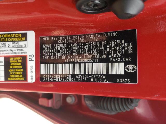 Photo 10 from auction – 2012 TOYOTA CAMRY with VIN 4T1BF1FK8CU635711