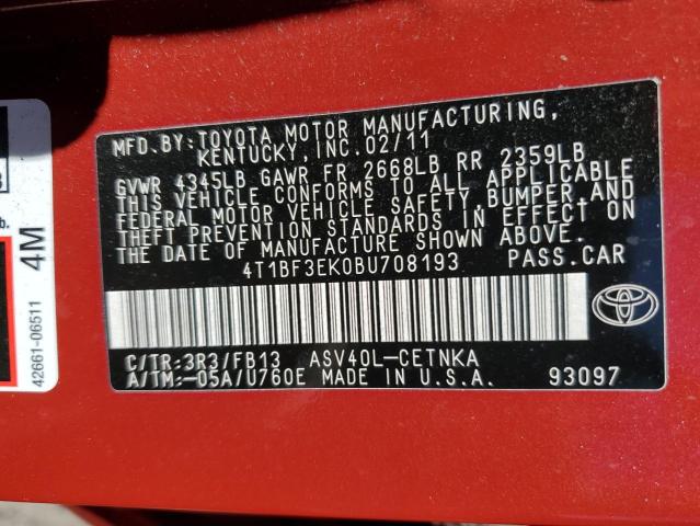 Photo 10 from auction – 2011 TOYOTA CAMRY BASE with VIN 4T1BF3EK0BU708193