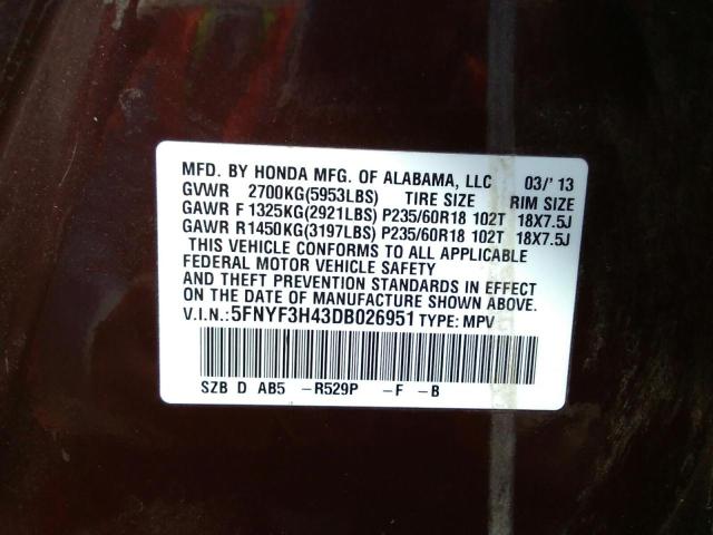 Photo 10 from auction – 2013 HONDA PILOT EX with VIN 5FNYF3H43DB026951