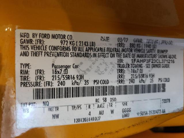 Photo 10 from auction – 2012 FORD FOCUS SE with VIN 1FAHP3F23CL371218