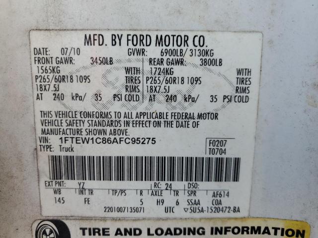 Photo 10 from auction – 2010 FORD F150 SUPER with VIN 1FTEW1C86AFC95275