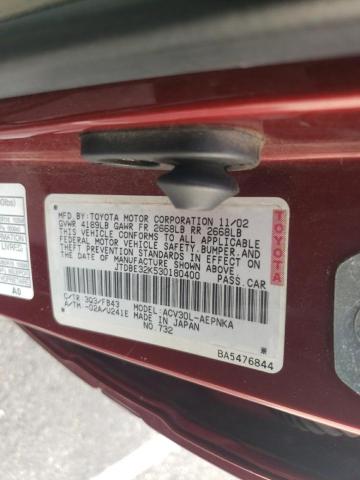 Photo 10 from auction – 2003 TOYOTA CAMRY LE with VIN JTDBE32K530180400