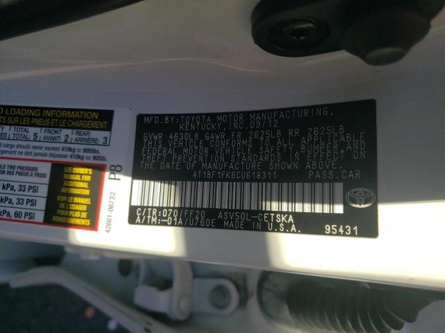 Photo 10 from auction – 2012 TOYOTA CAMRY BASE with VIN 4T1BF1FK6CU618311