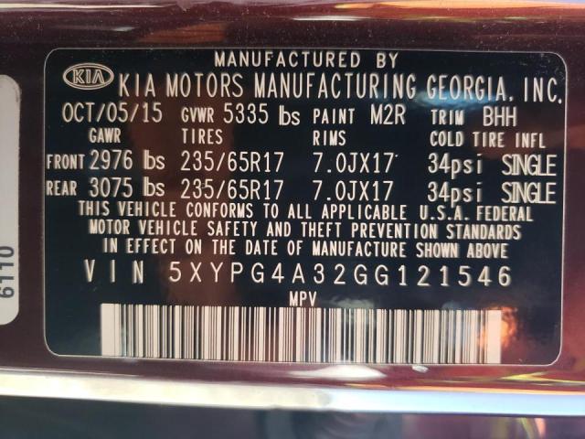 Photo 10 from auction – 2016 KIA SORENTO LX with VIN 5XYPG4A32GG121546