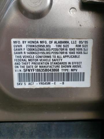 Photo 10 from auction – 2005 HONDA PILOT EXL with VIN 5FNYF18635B043868