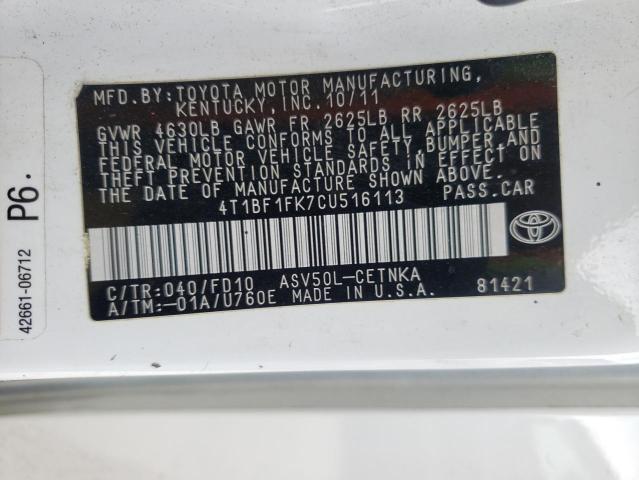 Photo 10 from auction – 2012 TOYOTA CAMRY BASE with VIN 4T1BF1FK7CU516113
