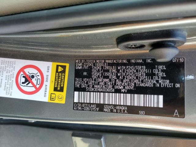 Photo 10 from auction – 2010 TOYOTA HIGHLANDER with VIN 5TDDK3EH8AS036058