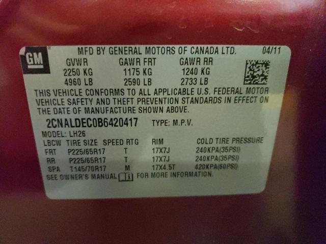 Photo 10 from auction – 2011 CHEVROLET EQUINOX LT with VIN 2CNALDEC0B6420417