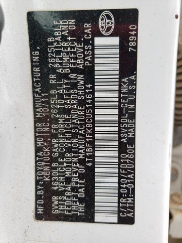 Photo 10 from auction – 2012 TOYOTA CAMRY BASE with VIN 4T1BF1FK8CU514614