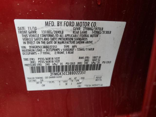 Photo 10 from auction – 2011 FORD FLEX SEL with VIN 2FMGK5CC3BBD22351