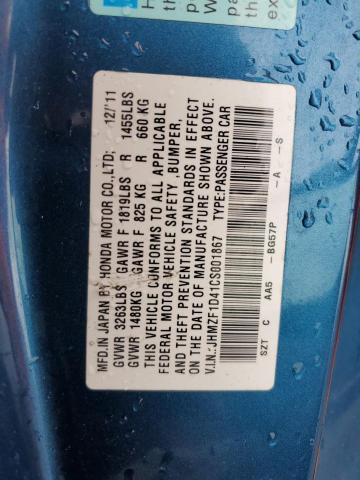 Photo 10 from auction – 2012 HONDA CR-Z with VIN JHMZF1D41CS001867