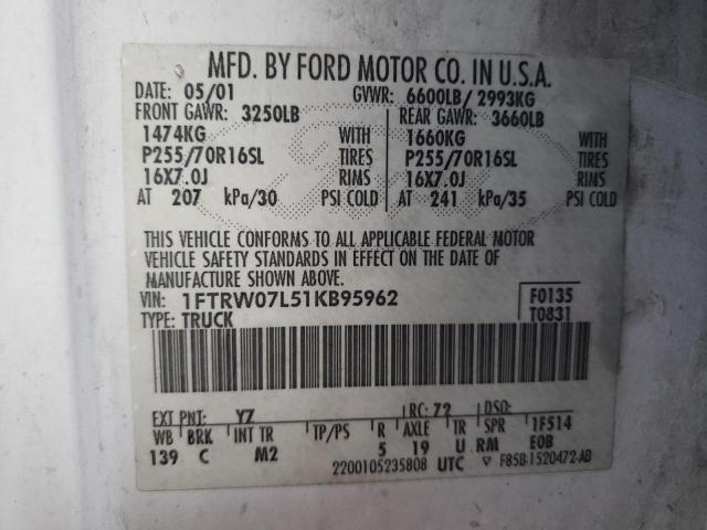 Photo 10 from auction – 2001 FORD F150 SUPER with VIN 1FTRW07L51KB95962