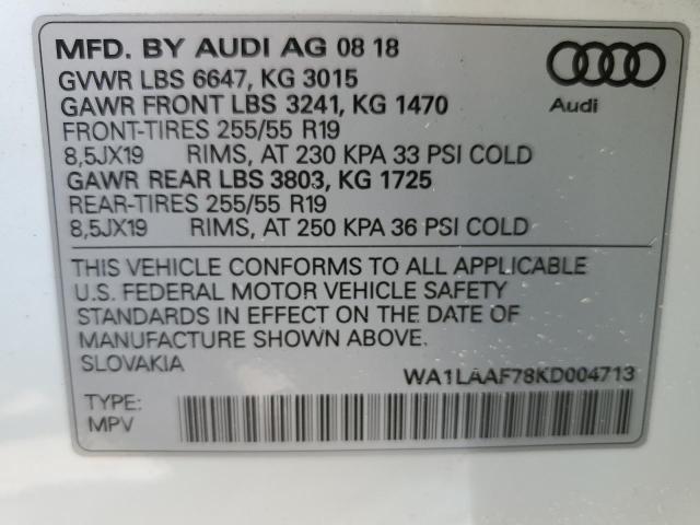 Photo 10 from auction – 2019 AUDI Q7 PREMIUM with VIN WA1LAAF78KD004713