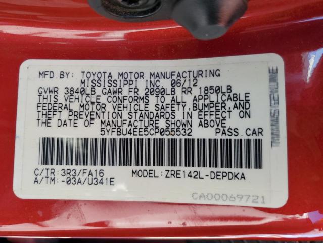 Foto 10 de la subasta – 2012 TOYOTA COROLLA BA con VIN 5YFBU4EE5CP055532
