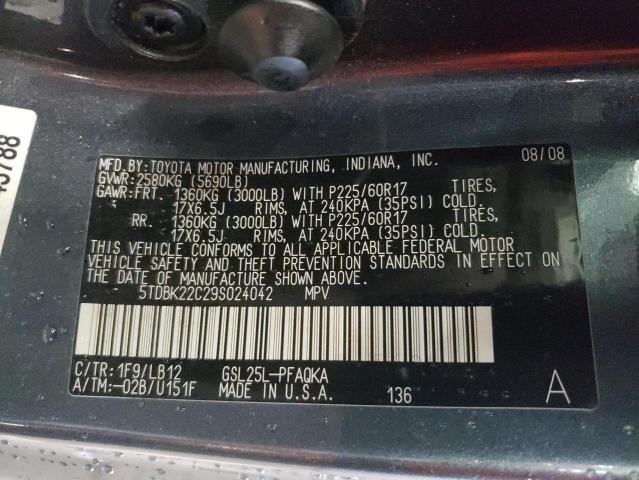Photo 10 from auction – 2009 TOYOTA SIENNA XLE with VIN 5TDBK22C29S024042