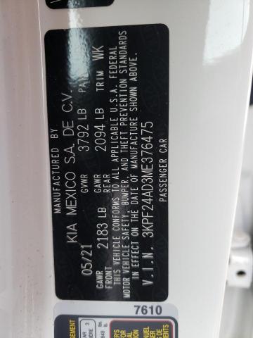 Photo 10 from auction – 2021 KIA FORTE FE with VIN 3KPF24AD3ME376475