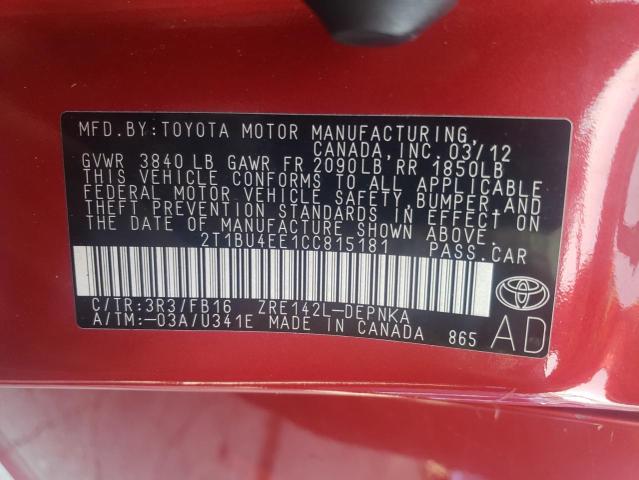 Photo 10 from auction – 2012 TOYOTA COROLLA BA with VIN 2T1BU4EE1CC815181