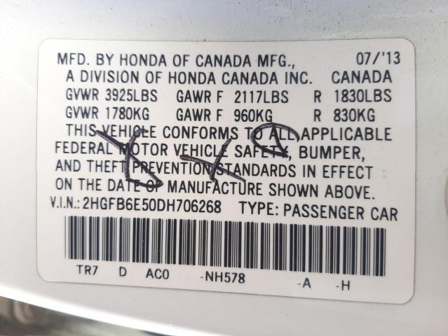 Photo 10 from auction – 2013 HONDA CIVIC SI with VIN 2HGFB6E50DH706268