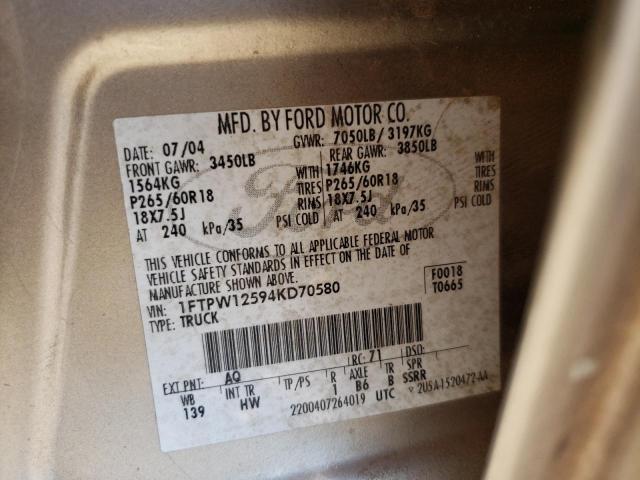 Photo 10 from auction – 2004 FORD F150 SUPER with VIN 1FTPW12594KD70580