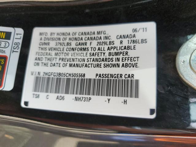Photo 10 from auction – 2012 HONDA CIVIC EXL with VIN 2HGFG3B05CH505568