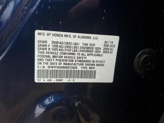 Photo 10 from auction – 2019 HONDA PILOT ELIT with VIN 5FNYF6H08KB072626