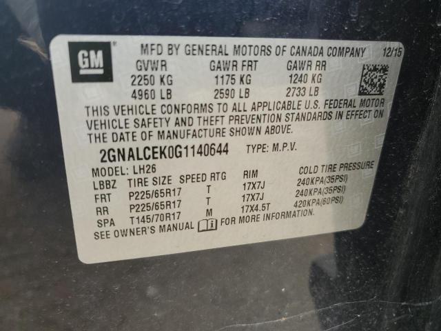 Photo 10 from auction – 2016 CHEVROLET EQUINOX LT with VIN 2GNALCEK0G1140644