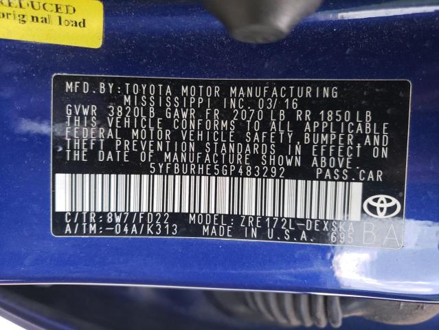 Photo 10 from auction – 2016 TOYOTA COROLLA L with VIN 5YFBURHE5GP483292