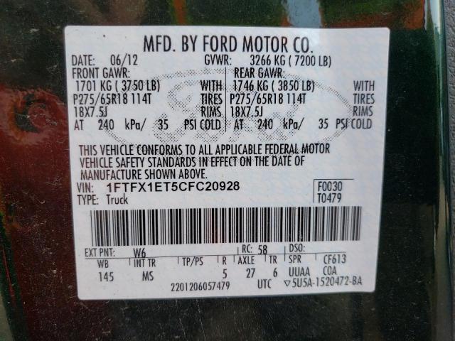 Photo 10 from auction – 2012 FORD F150 SUPER with VIN 1FTFX1ET5CFC20928